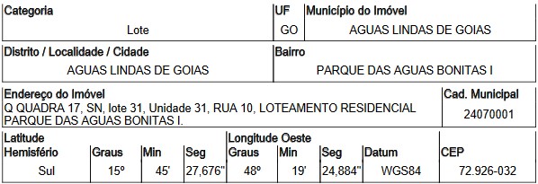Terreno - Venda, PARQUE DAS AGUAS BONITAS I, AGUAS LINDAS DE GOIAS, GO